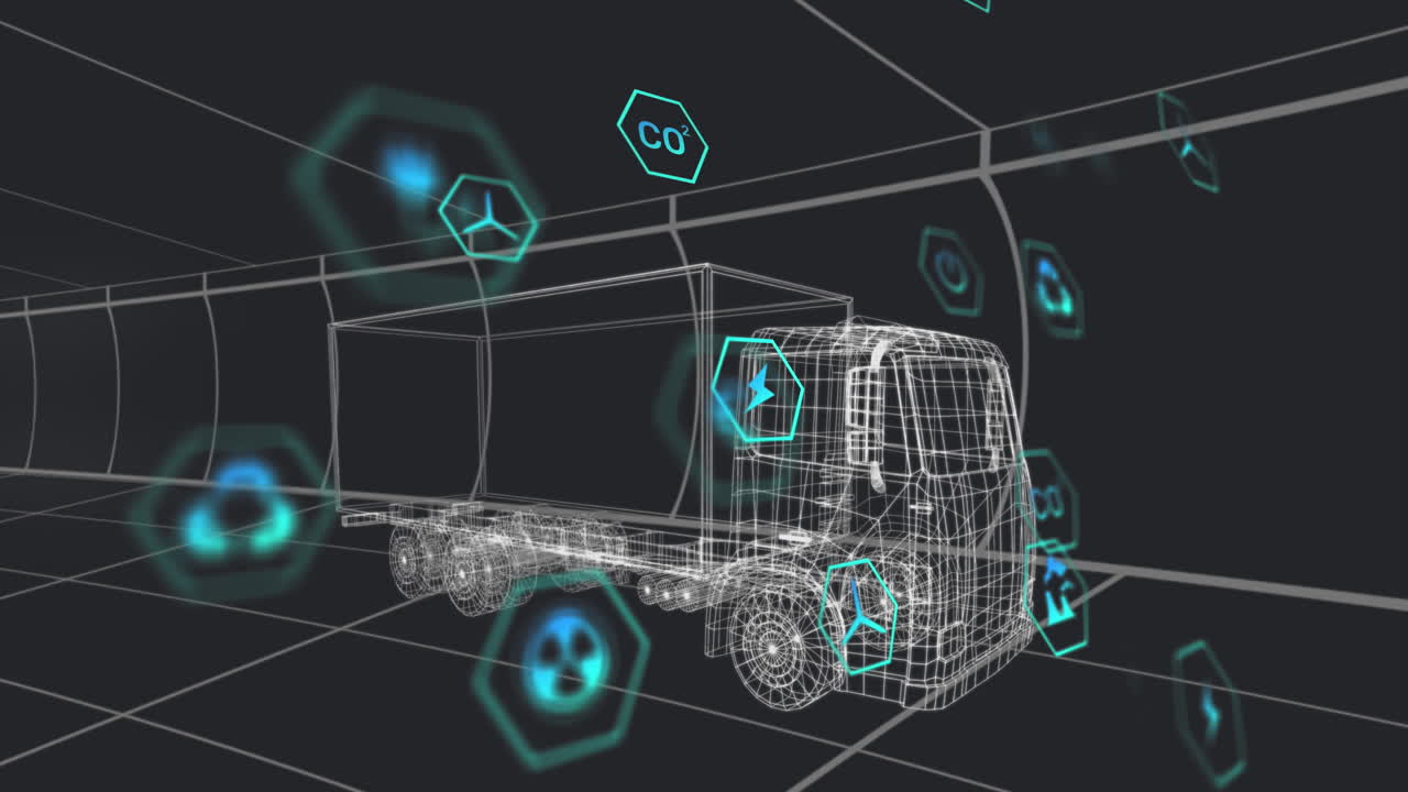 animación de múltiples iconos digitales sobre un modelo de camión 3d que se mueve en un patrón sin costuras en un túnel