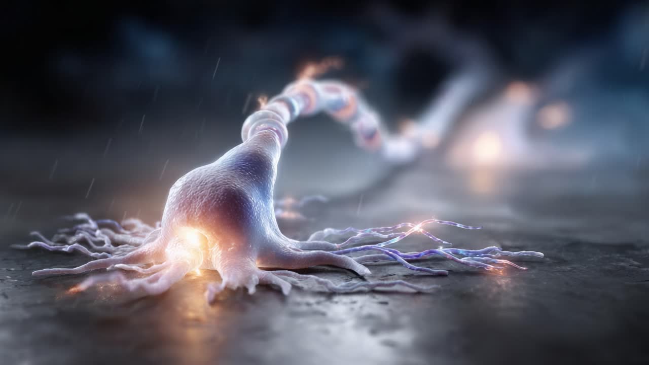 Magnificent Visualization of Neurons with Glowing Synapses Transmitting Electrical Signals Amidst a Dark and Atmospheric Background