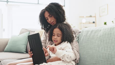 Relax,-tablet-and-mother-with-child-on-sofa