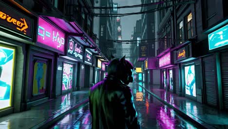 cyberpunk cat in a neon rain-slicked alley