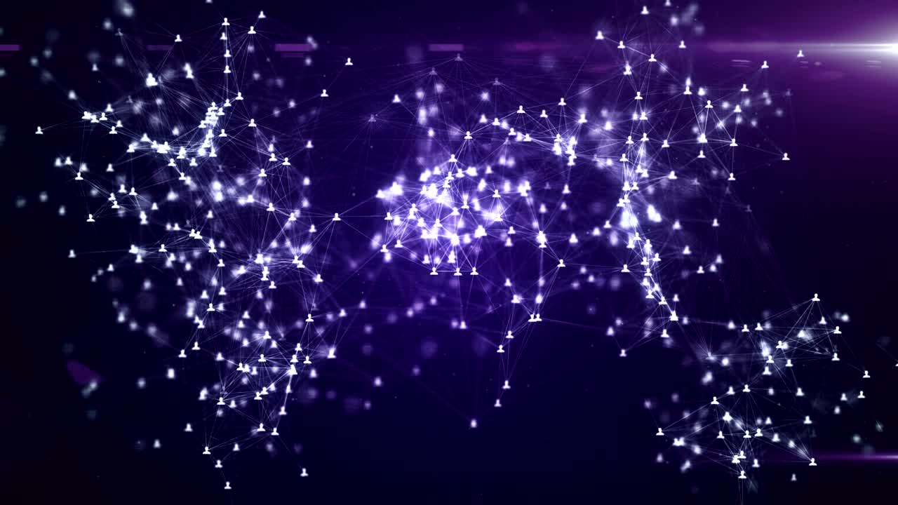 인터넷에서 사람들을 연결하고, 노드가 세계 지도의 모양으로 변하고, 소셜 네트워크 연결.