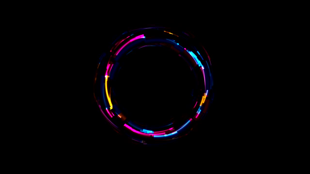 tecnología abstracta círculos de neón brillantes fondo de movimiento con efecto glitch