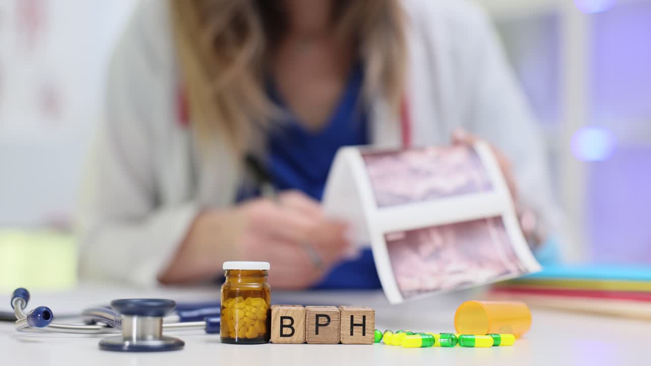 Lege som undersøker medisinske bilder med BPH-konsept og piller på skrivebordet