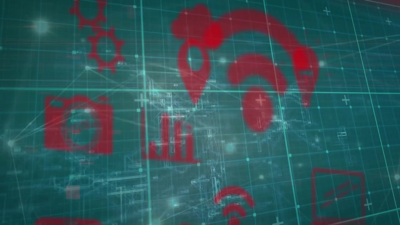 Digital Technology Interface with Floating Red Icons and Data Grid