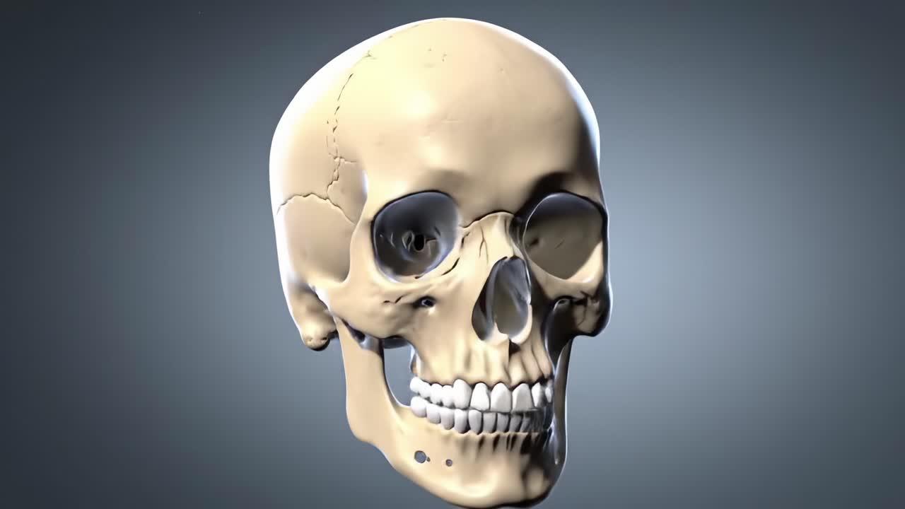 High-Resolution 3D Render of a Human Skull Showing Intricate Details and Textures from Two Perspectives, Ideal for Educational and Medical Applications