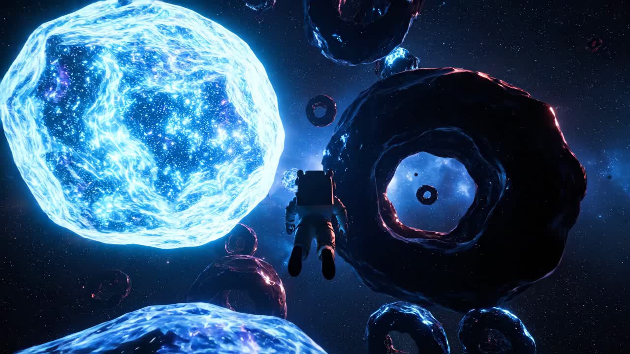 Astronaut in Space Among Stars and Cosmic Debris