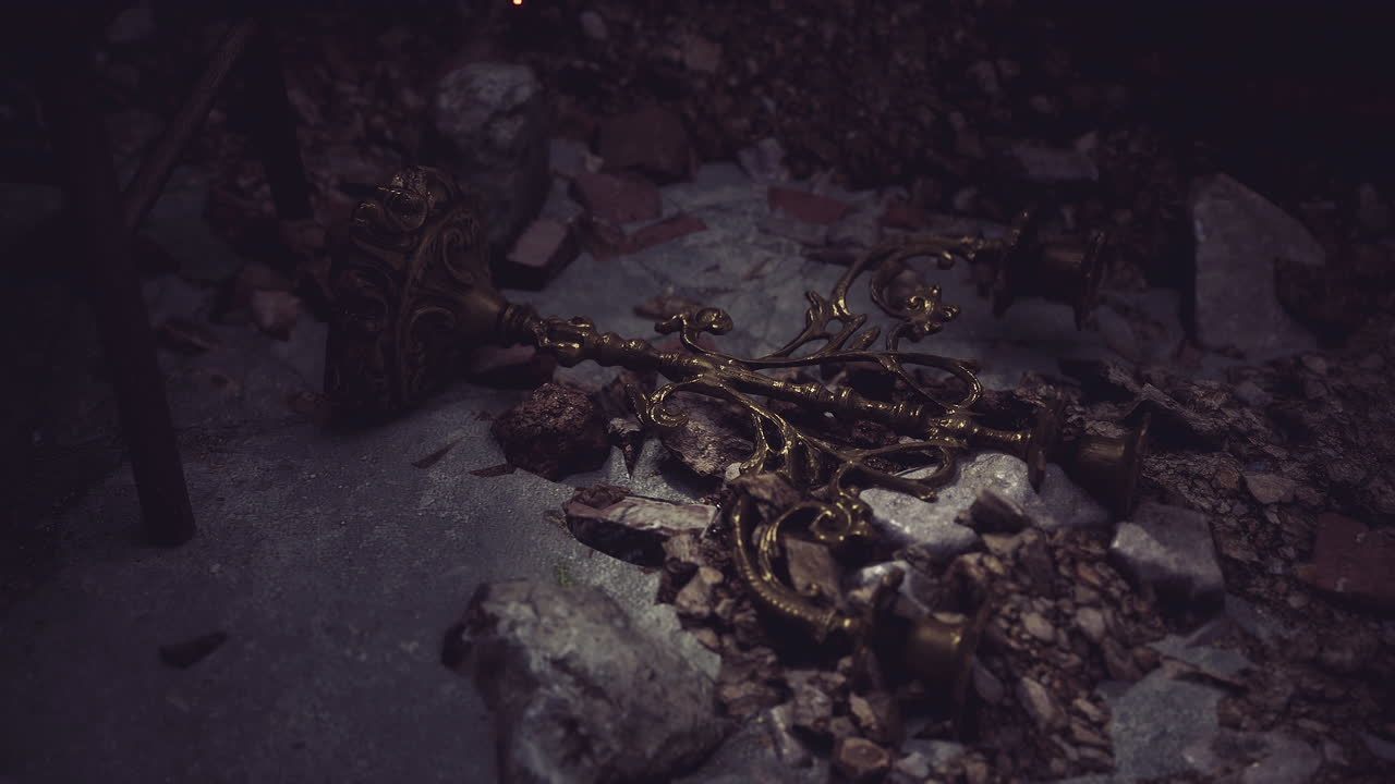 Deteriorating ornate chandelier lies amidst debris in dimly lit space