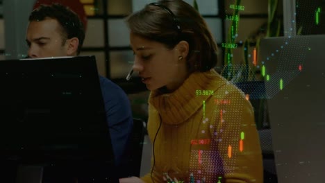 animation of financial data processing over diverse business people with headsets