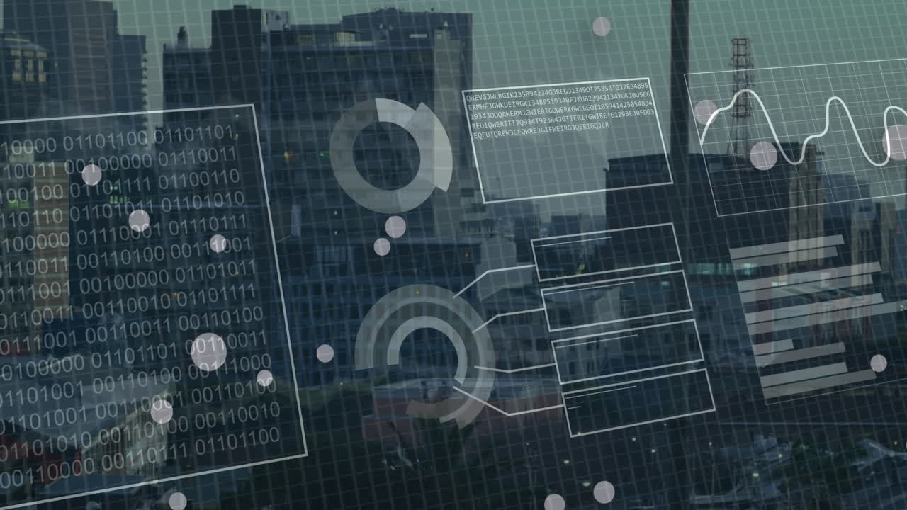 Animation of financial data processing over cityscape