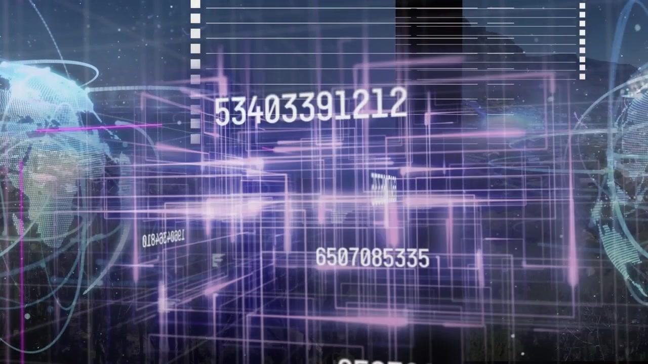 Animation of globe rotating over text and data processing on blue background