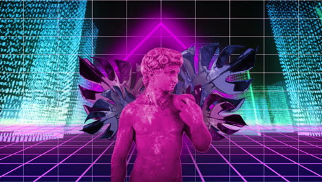 animación de escultura con interferencia sobre formas de neón y ciudad digital sobre fondo negro