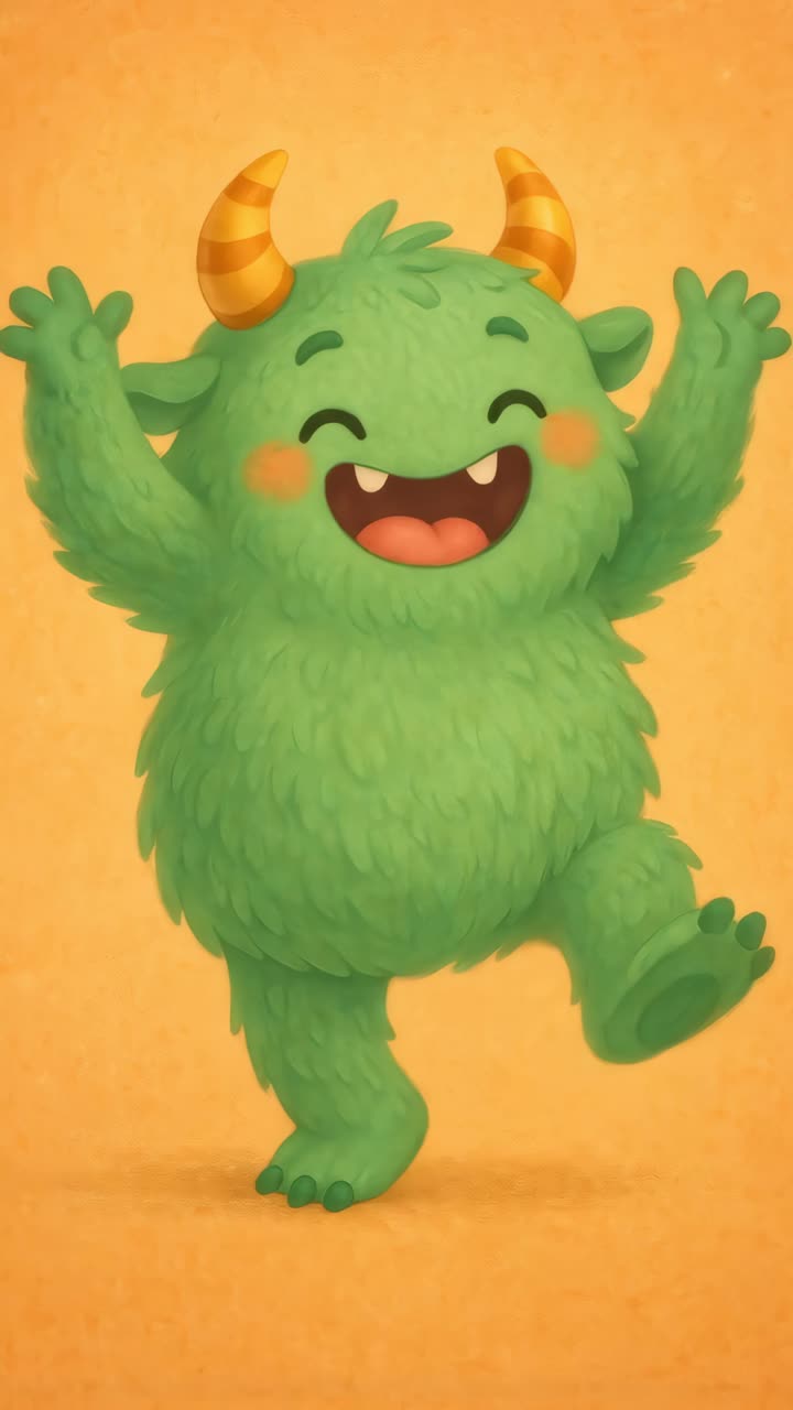 Un monstruo verde alegre, de estilo caricaturesco, con cuernos a rayas y los brazos levantados