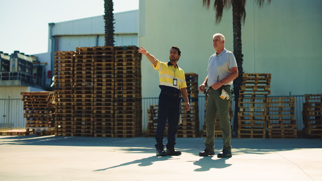Two Men Shake Hands and Discuss in Industrial Yard