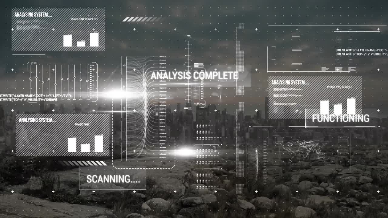 Animation of multiple graphs, text and computer language over modern cityscape against sky