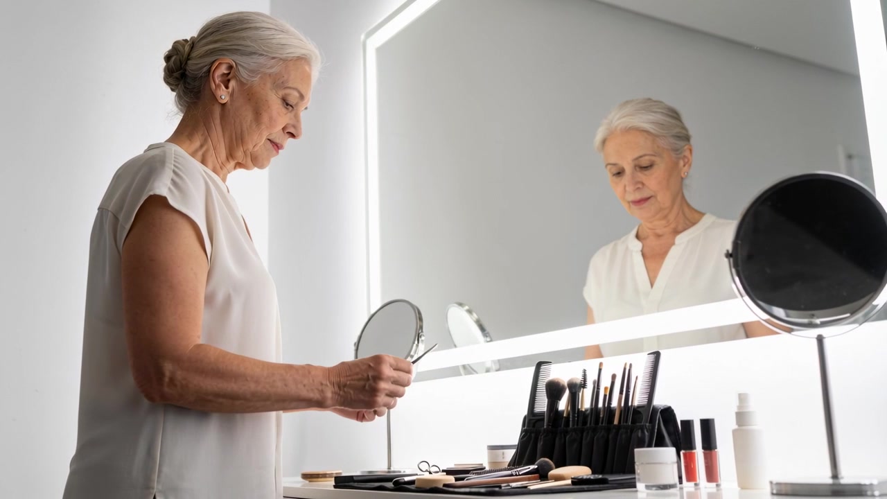 Donna anziana che guarda in basso, prendendo i pennelli dalla specchiera a LED, sollevando lo specchio e selezionando gli strumenti per il trucco.