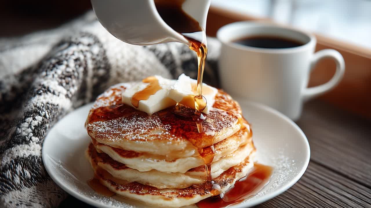 Delicious Stack of Pancakes with Maple Syrup Drizzled on Top and Butter, Accompanied by a Hot Coffee Cup and Cozy Sweater Background