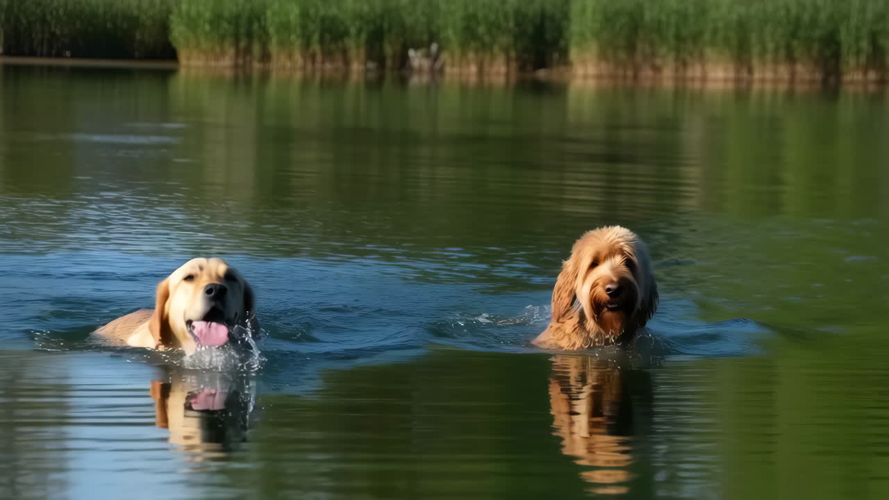 Dogs swimming in a lake