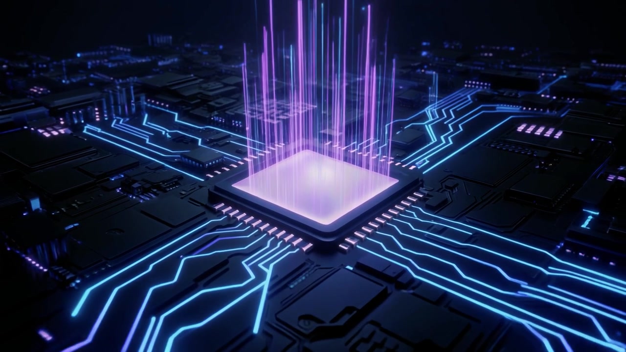 Digital Processor Chip Emitting Light Beams on Circuit Board