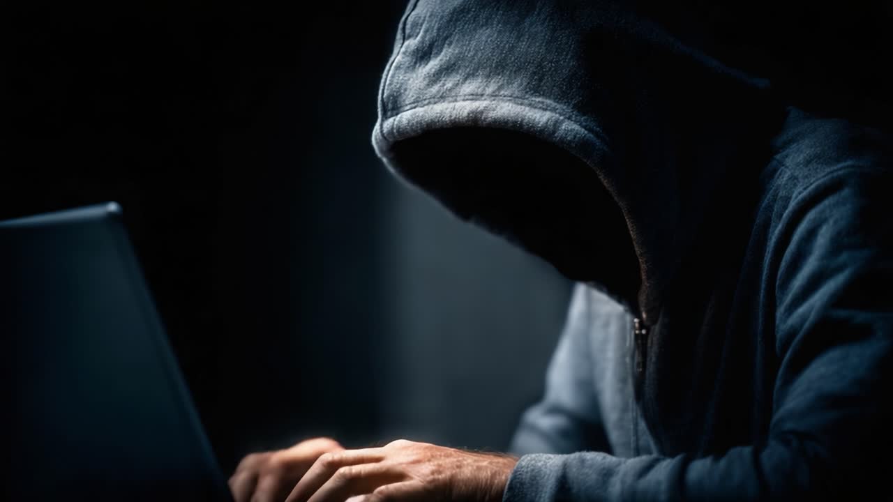 Una figura misteriosa con la felpa con cappuccio, immersa nell'ombra, digita intensamente su un portatile, riflettendo un'atmosfera inquietante di segretezza e intrigo cibernetico.