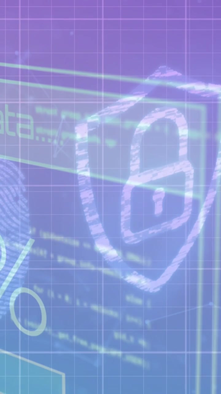 Biometric fingerprint scanner and security padlock icon against data processing on blue background