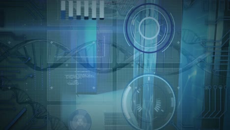 Animation-of-round-scanners,-data-processing-and-dna-structures-spinning-against-blue-background