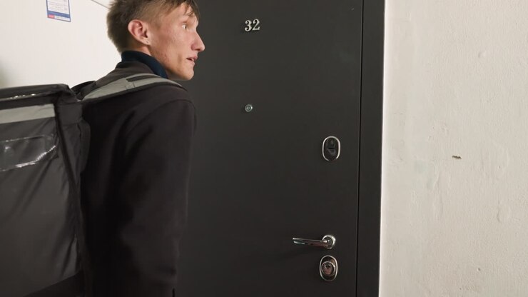 delivery courier at apartment door, white. young white male rider arrives with insulated backpack, knocks and hands takeout to young white female resident who checks smartphone and accepts order