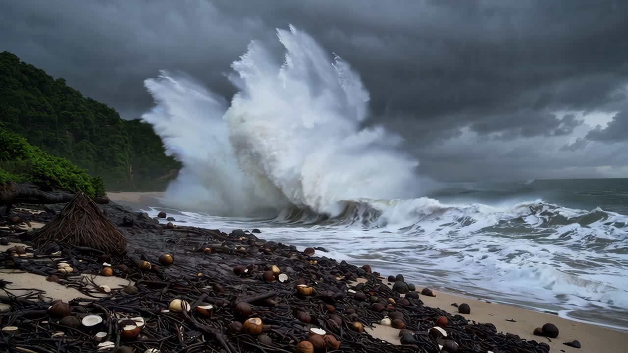 Stormy Beach Scene with Powerful Waves and Debris