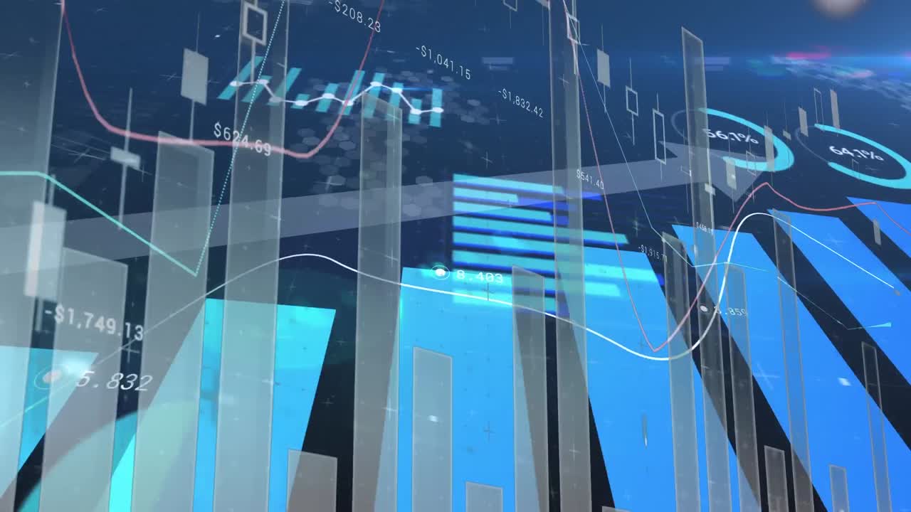 Animation of financial data processing on blue background