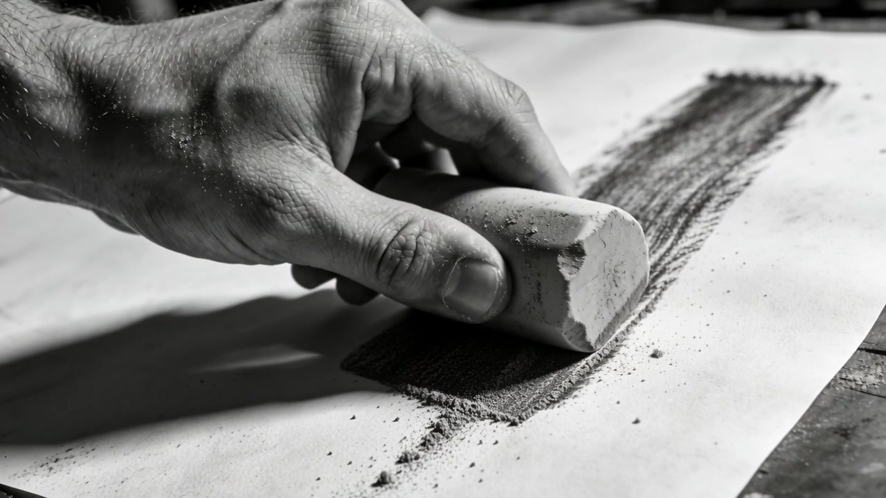 Starting first swipe, single right hand dragging pastel stick across bench paper, building texture