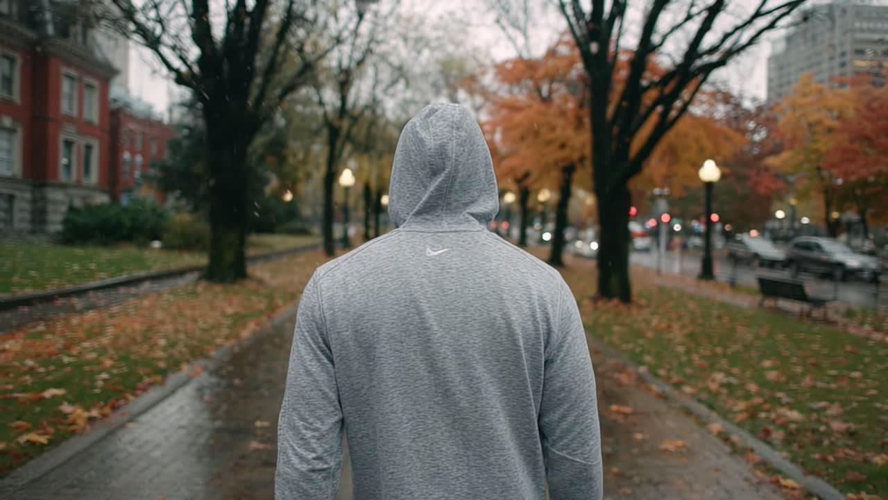 Una figura solitaria con una felpa grigia con cappuccio cammina in un tranquillo parco autunnale, circondata da vivaci alberi arancioni e sentieri umidi e riflettenti, evocando un senso di contemplazione.