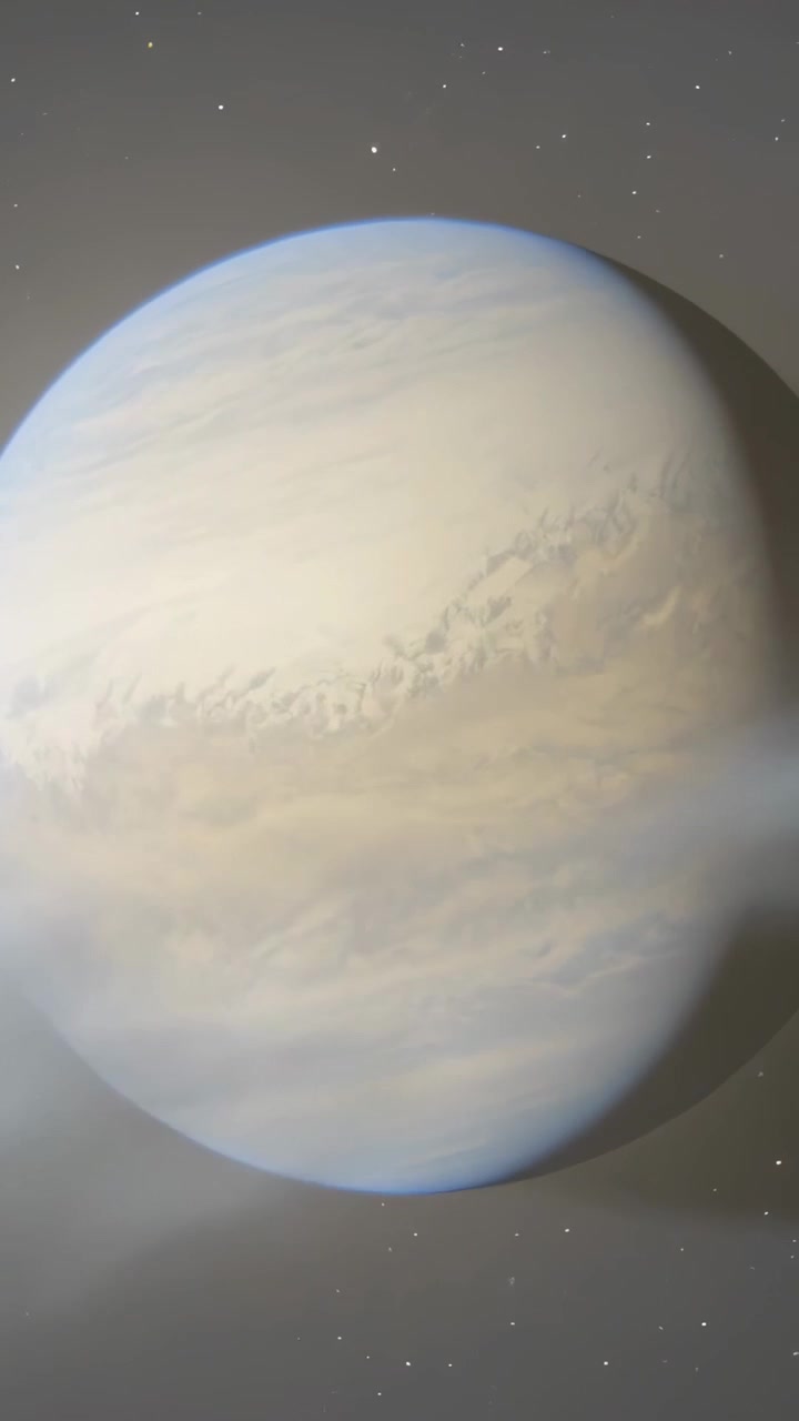 Vertical video: Entering from lower right, cloud layer crossing planet among stars, hiding bands