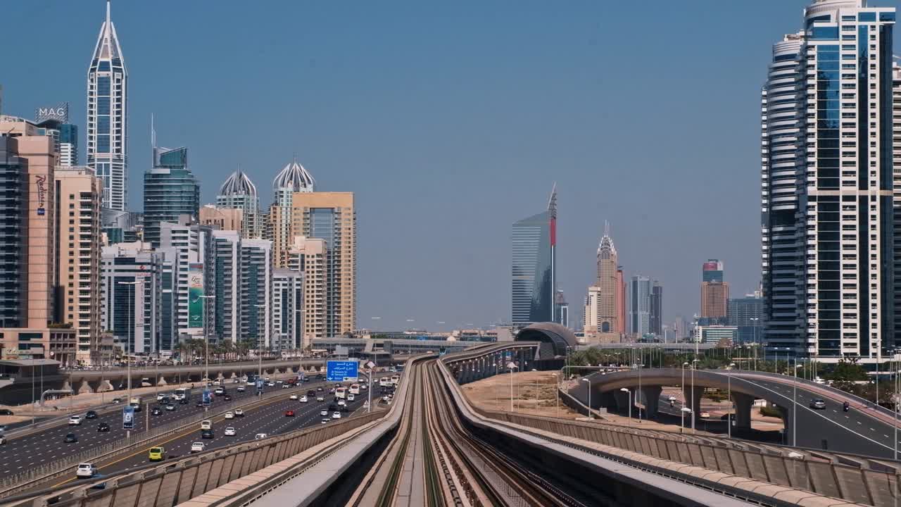 DUBAI, UNITED ARAB EMIRATES-22 FEBRUARY 2019: General view of the city and beautiful buildings through the front window of the train