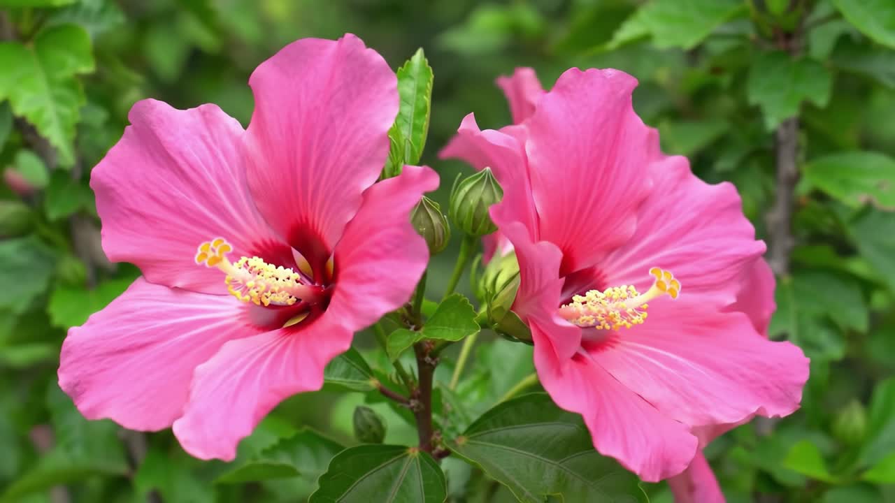 A Stunning Showcase of Vibrant Pink Hibiscus Flowers in Full Bloom against a Lush Green Background, Capturing Their Intricate Petals and Leaves