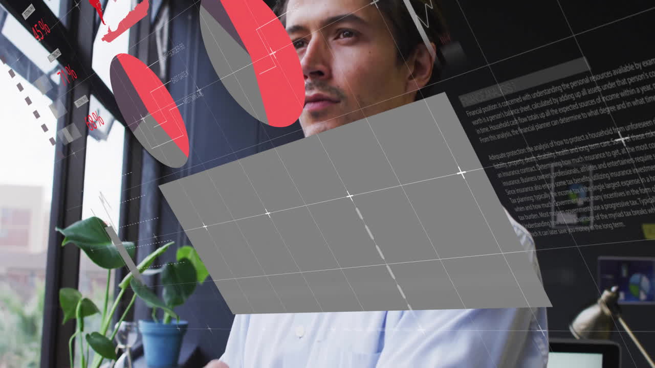 Financial analyst standing by office window, analyzing red gray pie charts and grid graphics