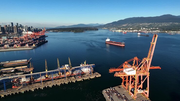 Vancouver, British Columbia, Canada - An Expansive Outlook of Centerm - Centennial Terminals - Major Container Port on Burrard Inlet - Aerial Panning