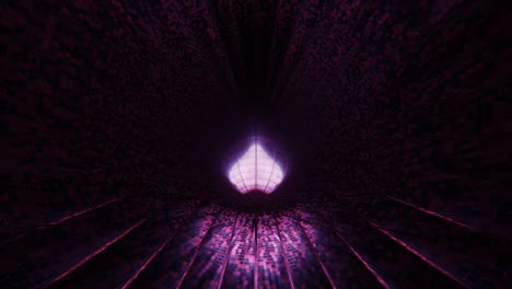 vj loop - glowing 3d purple heart rolling along a reflective digital tunnel surface with lines disappearing into the darkness