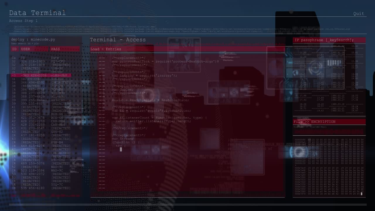 The video depicts computer data processing and programming code running on screens in a cityscape