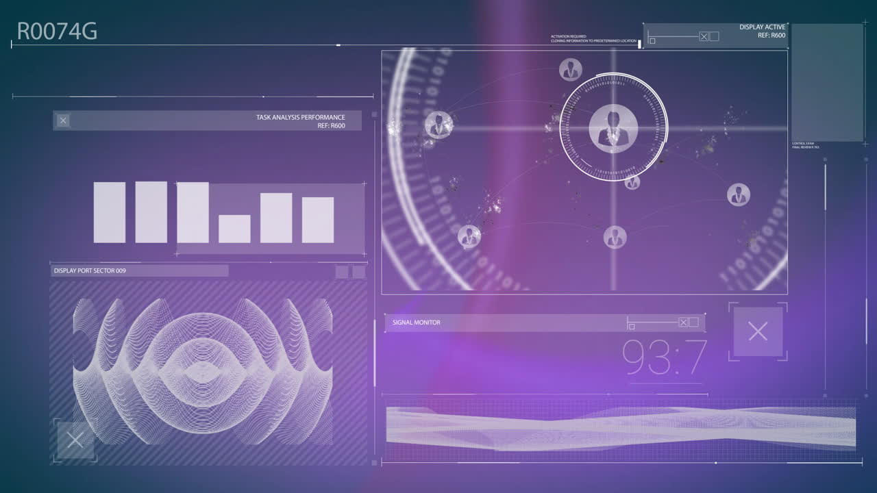 Animation of digital interface displaying data analytics with purple network connections