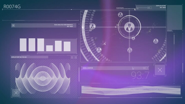 Animasjon av digitalt grensesnitt som viser dataanalyse med lilla nettverkstilkoblinger