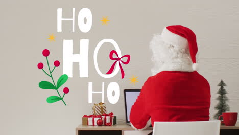 animation of christmas greetings text over christmas decorations and santa claus