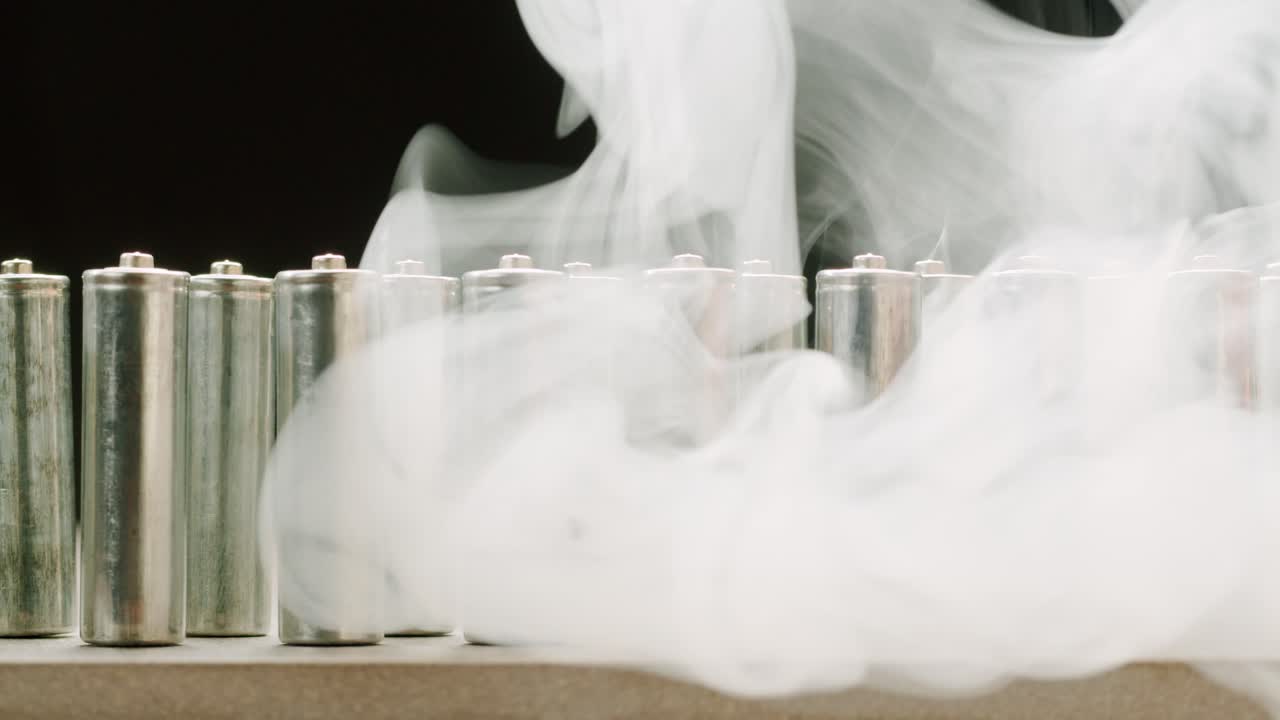 Silver batteries AA and AAA in hands on black background in smoking fog close-up. Double-A battery is a standard size single cell cylindrical dry battery. Batteries are common in portable electronic devices. An AA battery is composed of a single electrochemical cell that may be either a primary batt