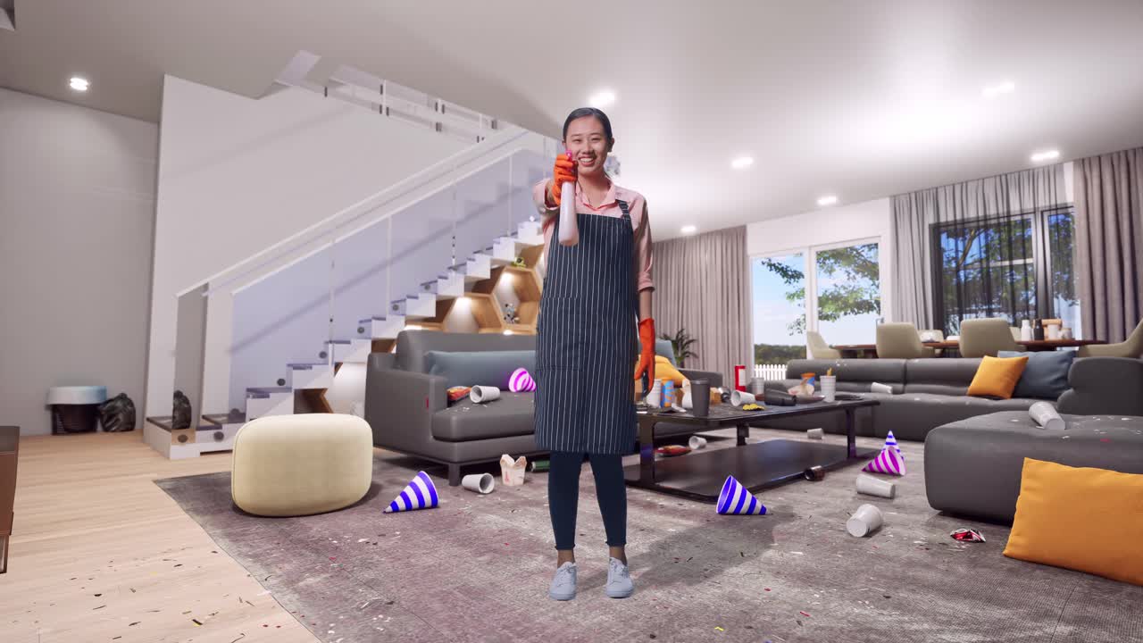 Full Body Of Smiling Asian Female Housekeeper With An Apron Holding A Kitchen Sponge And Using A Spray While Standing In House