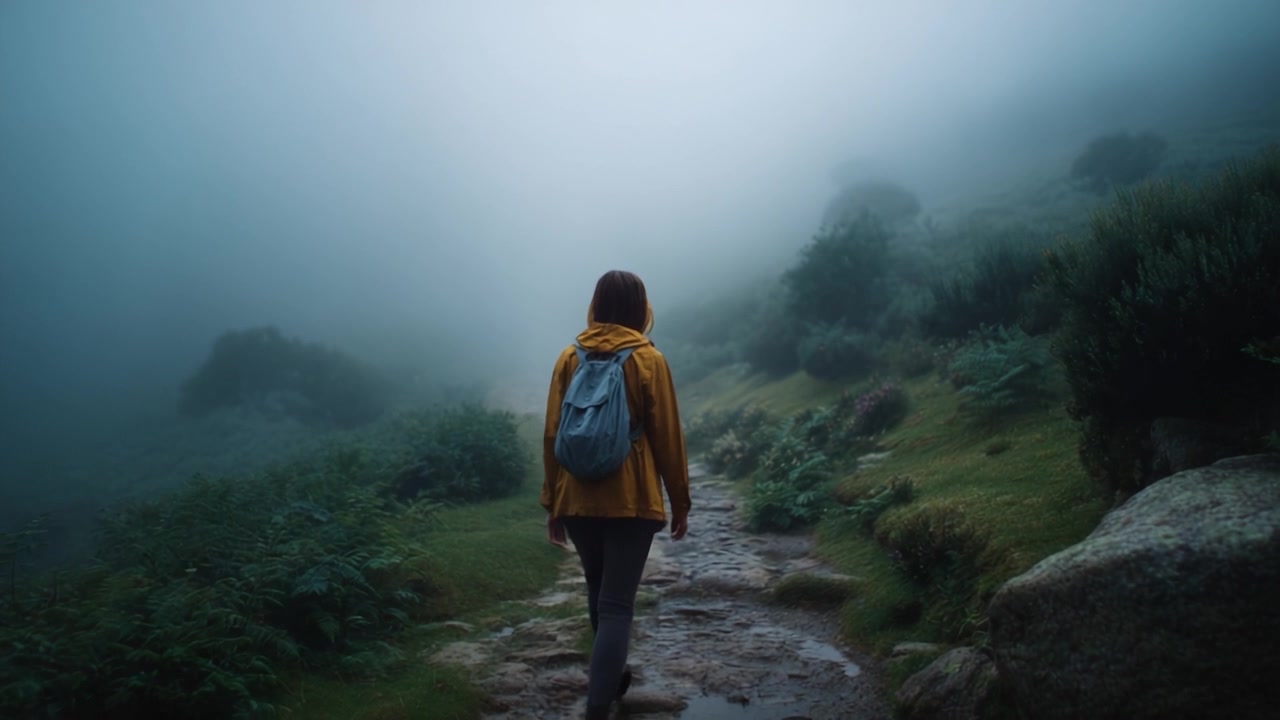 A solitary figure in a yellow jacket walks along a misty path through lush greenery, showcasing the beauty and tranquility of nature's foggy landscape.