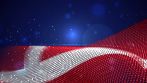 denmark waving flag on blue background with bright flares, motion loop