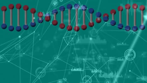 animación de la cadena de adn girando sobre una red de conexiones