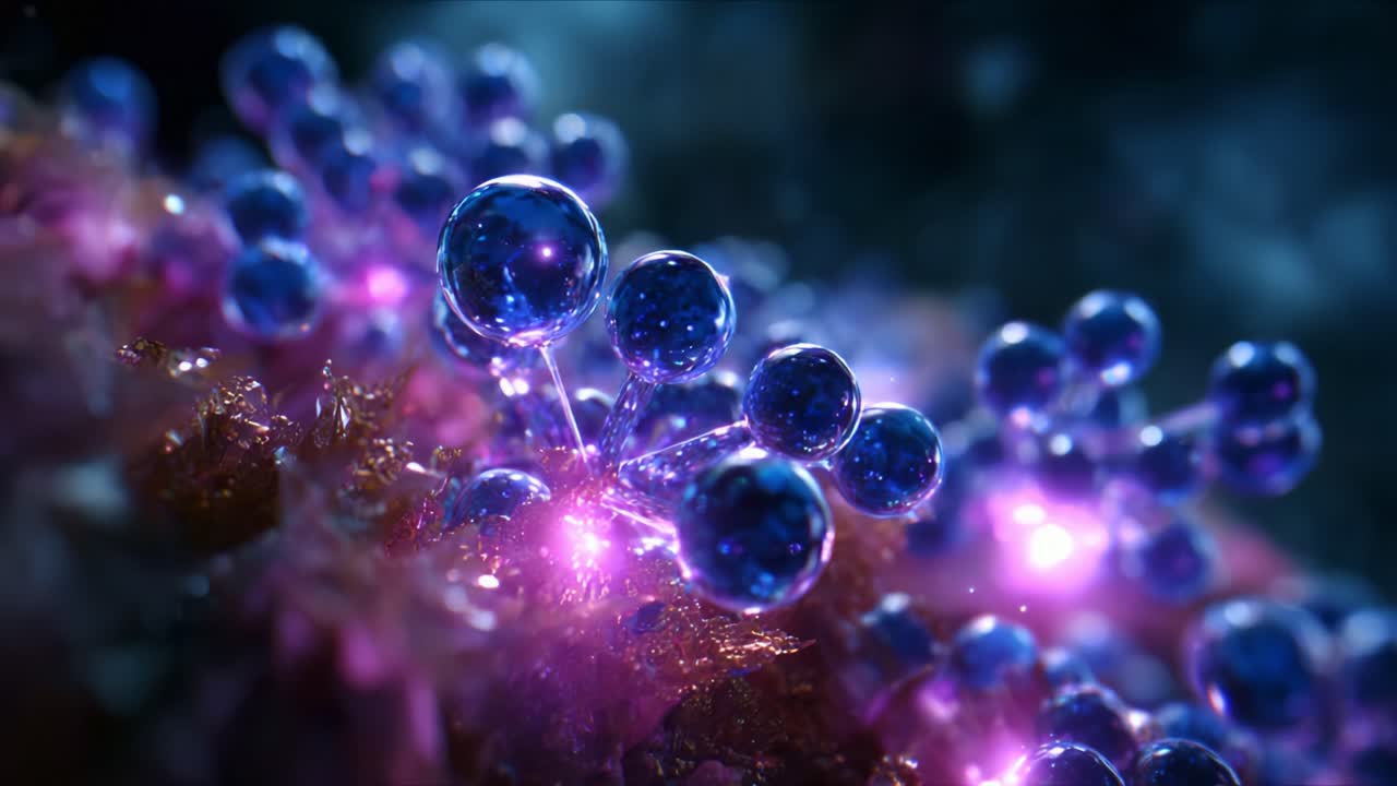 Captivating Close-Up of Vibrant Molecular Structures with Glowing Orbs and Intricate Details Captured in a Stunning 3D Visualization