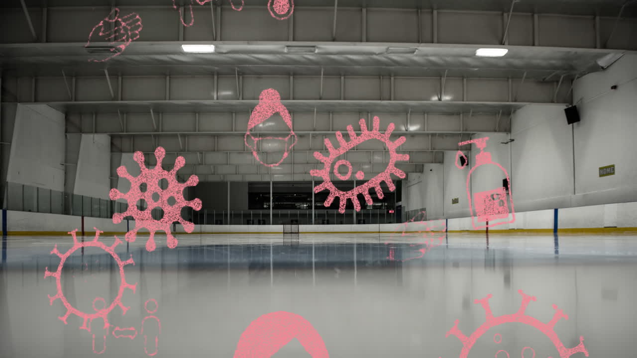 Icone concettuali del Coronavirus contro campo da hockey su ghiaccio vuoto