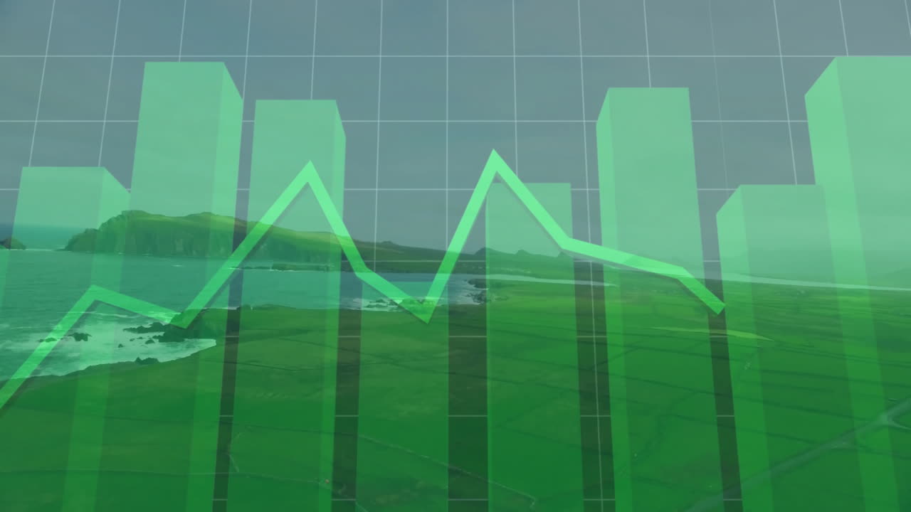 Translucent green bar and line chart floating over coastal hills rocky shoreline gridlines