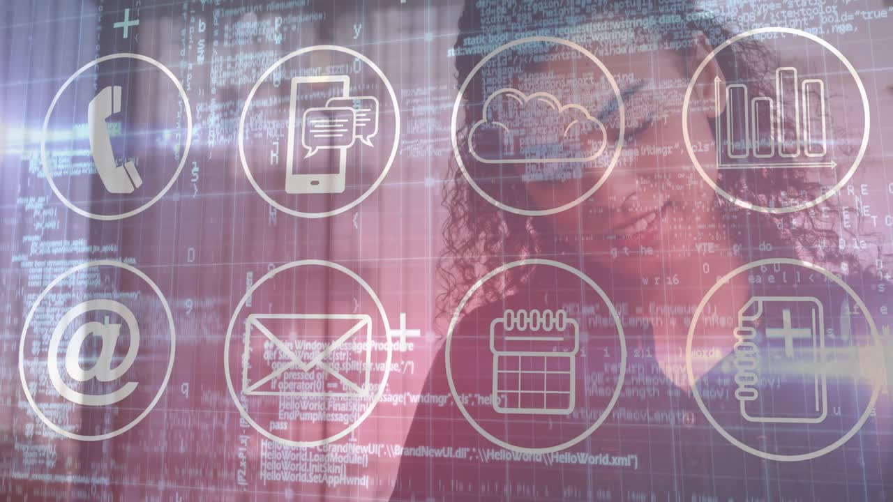 Woman using handheld device in technology office, displaying phone chat cloud chart icons over code