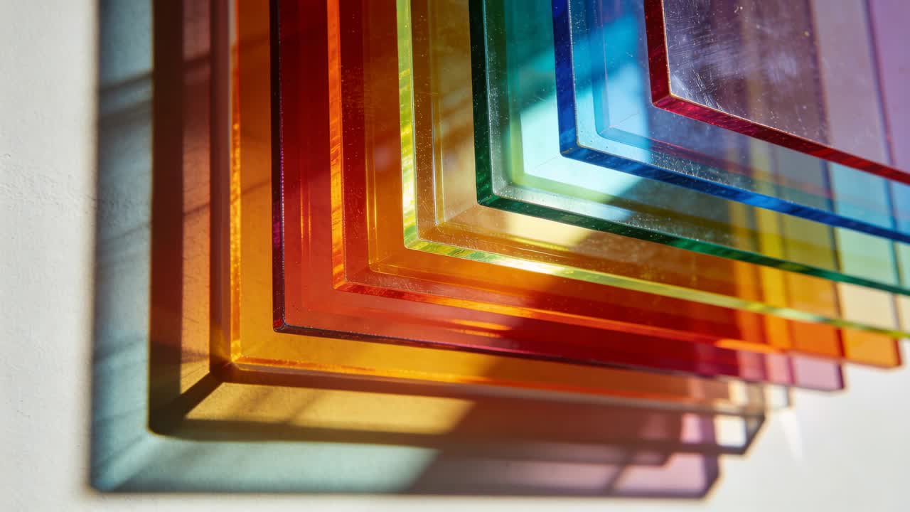 Luz direta que se desloca causando mudança de cor da sombra em uma pilha de painéis de acrílico sobre a mesa, projetando tonalidades.